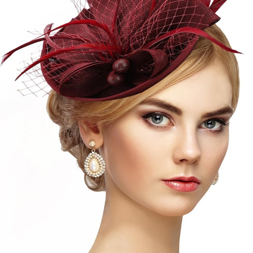 Fascinator Tea Party Hat Claret Feather Vintage Style Women Kentucky Derby